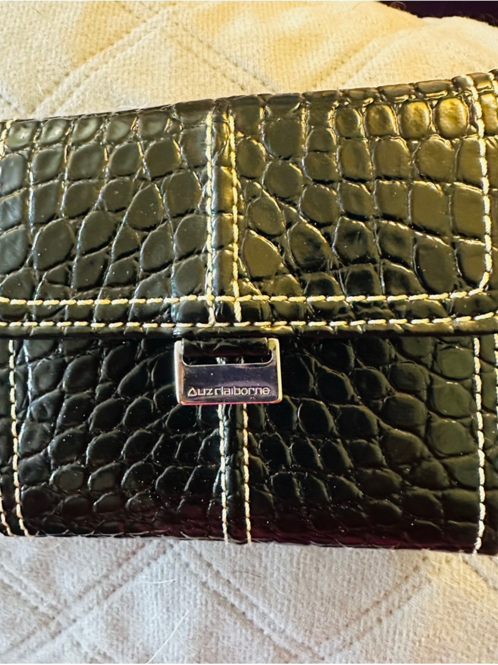 Liz Claiborne Black Croc-Embossed Wallet with White Stitching